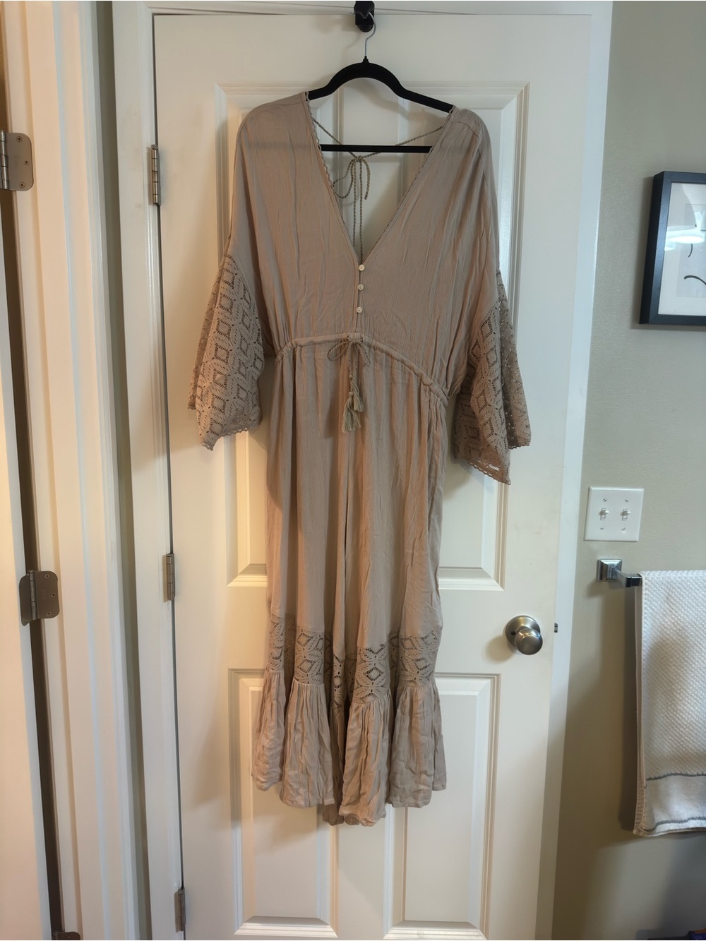 Boho Tie-Waist V-Neck Maxi Dress in Taupe